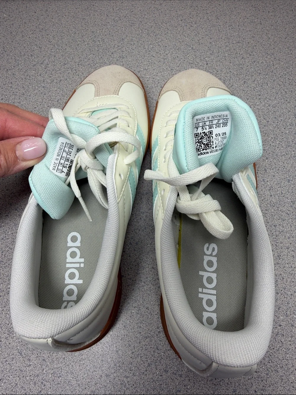 adidas Men’s Leather Sneakers in White & Light Blue with Gum Sole